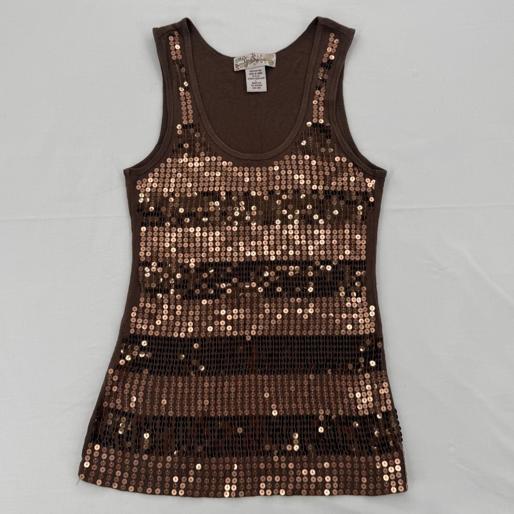 Y2K Mcbling Younique Brown Tank Top Bronze Sequin Embellished Sz Large Vintage!